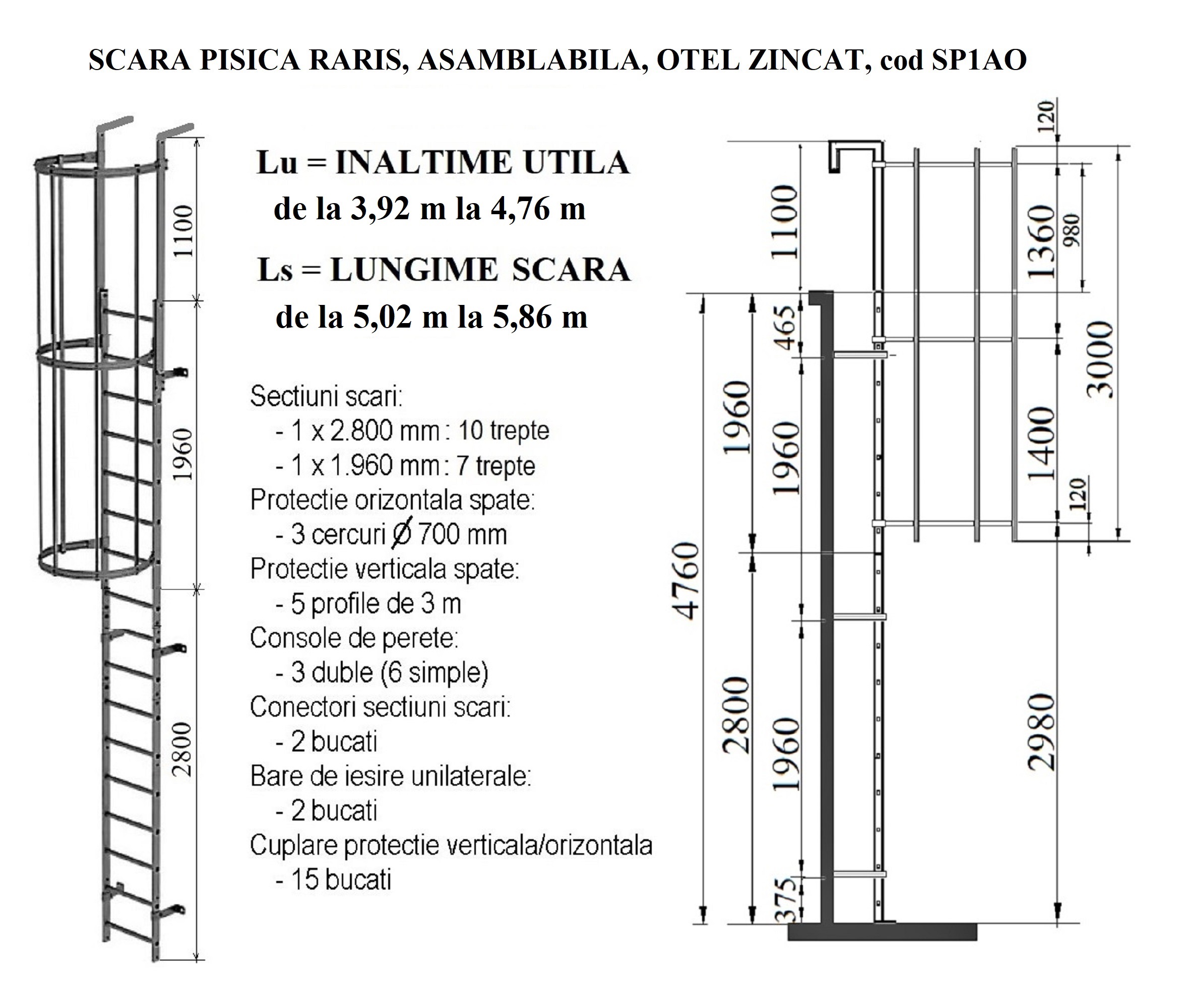 Scara pisica RARIS, asamblabila, din otel zincat, inaltime acoperis de la 3,92 m la 4,76 m, cod SP1AO